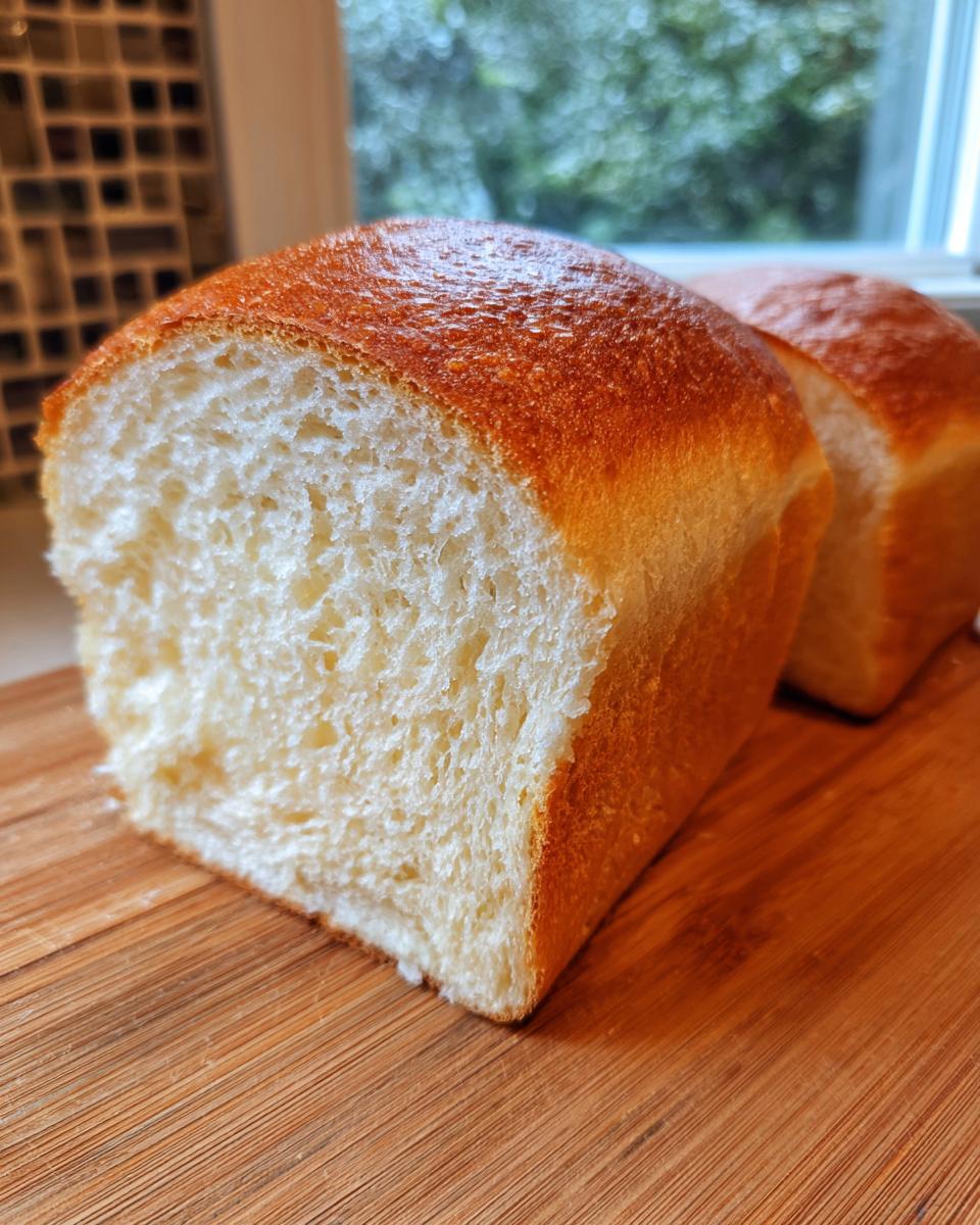 Close-up of a freshly baked milk bread loaf sliced open, showing its soft, white crumb and golden crust.
