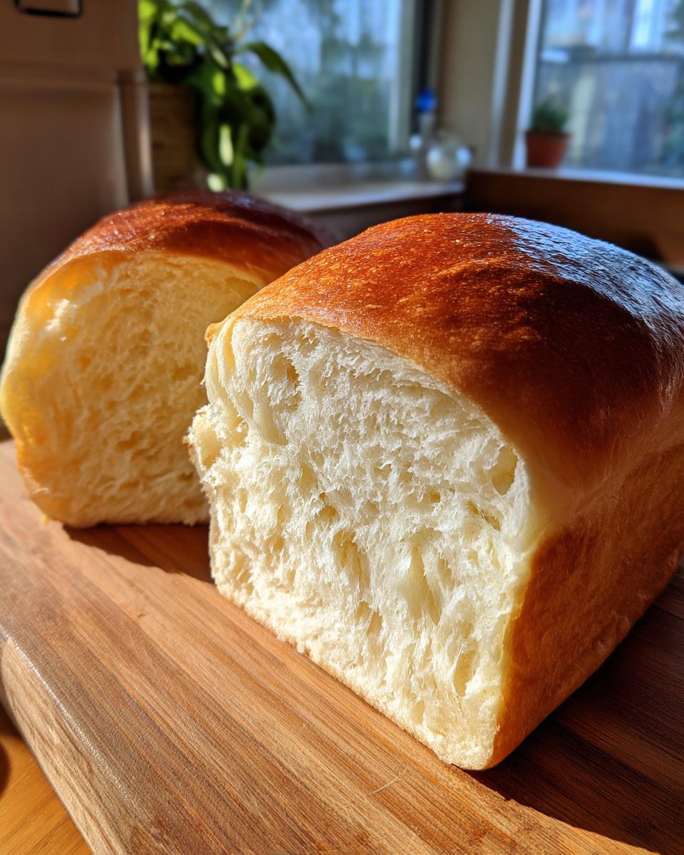 Close-up of a freshly baked milk bread loaf cut in half, showing its soft, white, and fluffy interior texture.