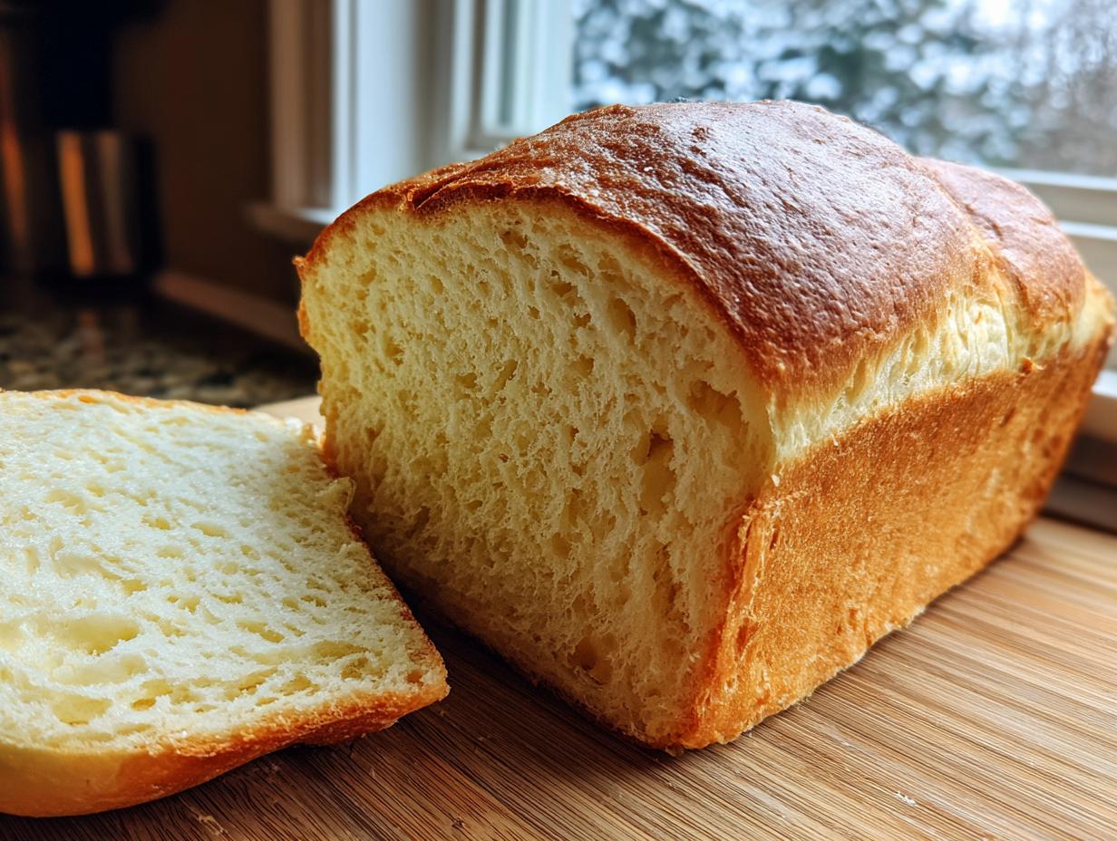 A freshly baked loaf of golden brown milk bread with one soft slice cut and resting beside it on a wooden board.