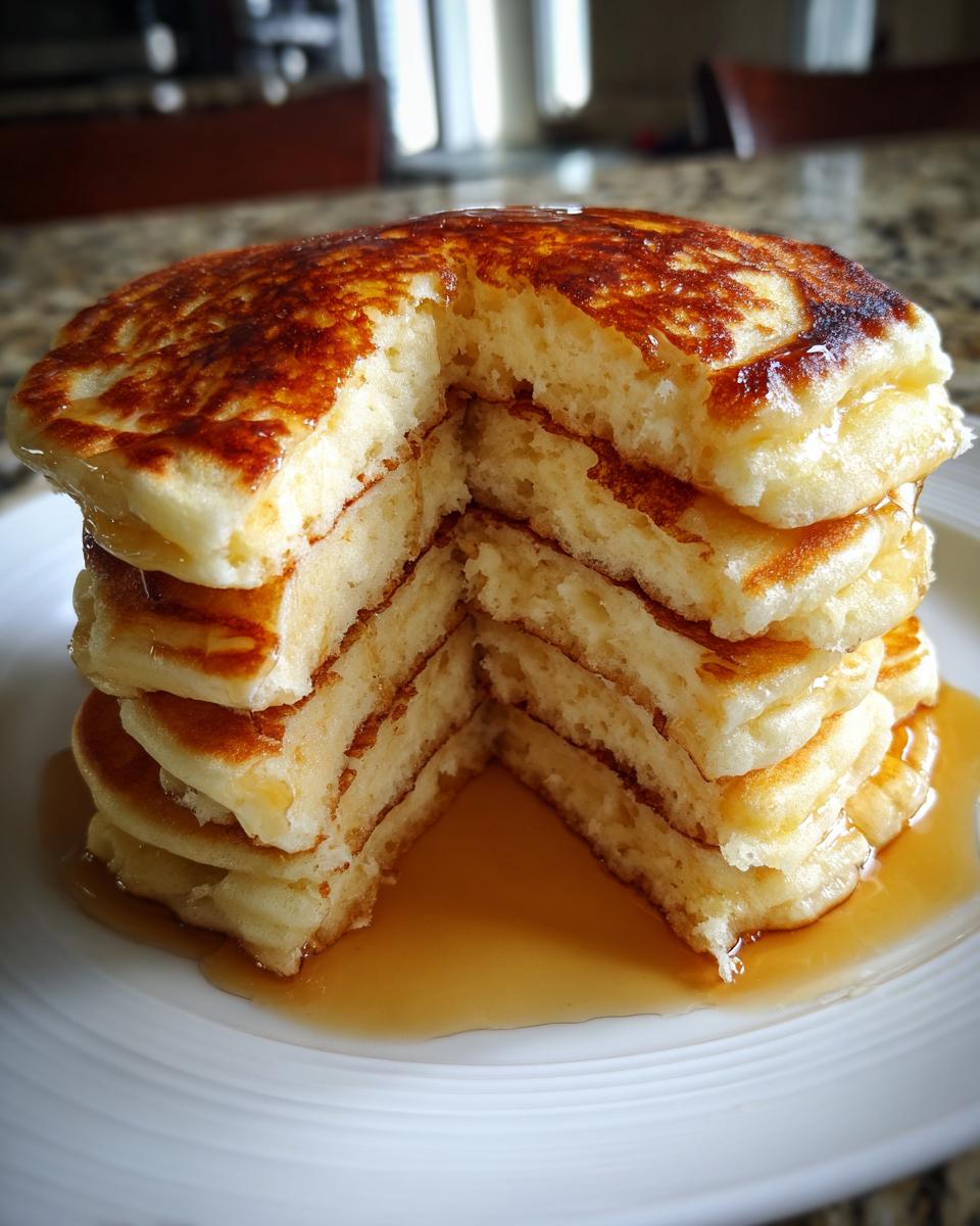 A tall stack of fluffy pancakes, cut to show the airy interior, drizzled with syrup.