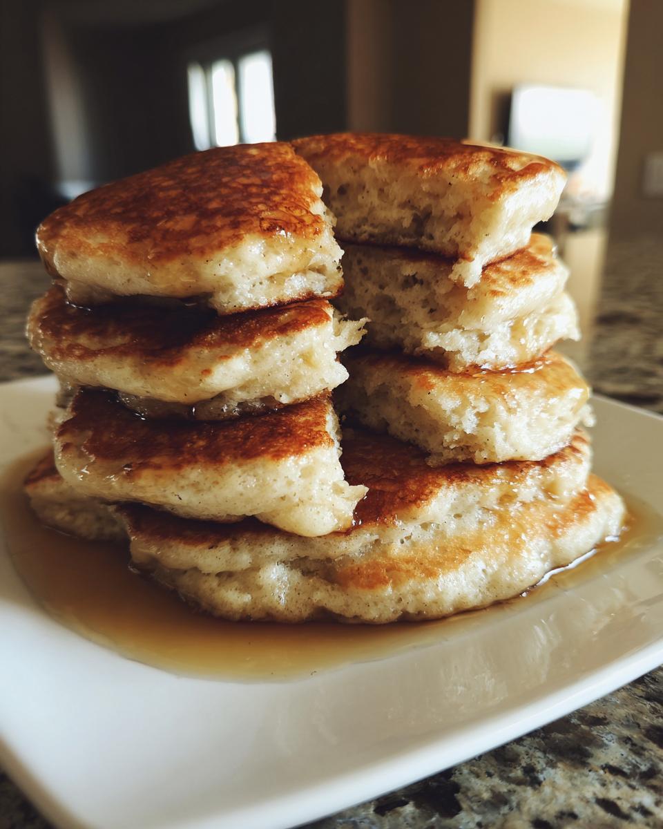 Close-up of a tall stack of fluffy pancakes drizzled with syrup, one pancake is broken open.