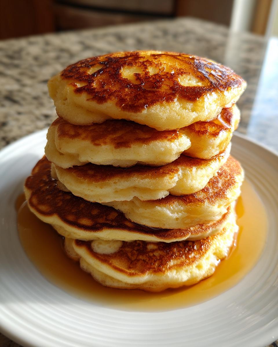A tall stack of five fluffy pancakes drizzled with syrup on a white plate.