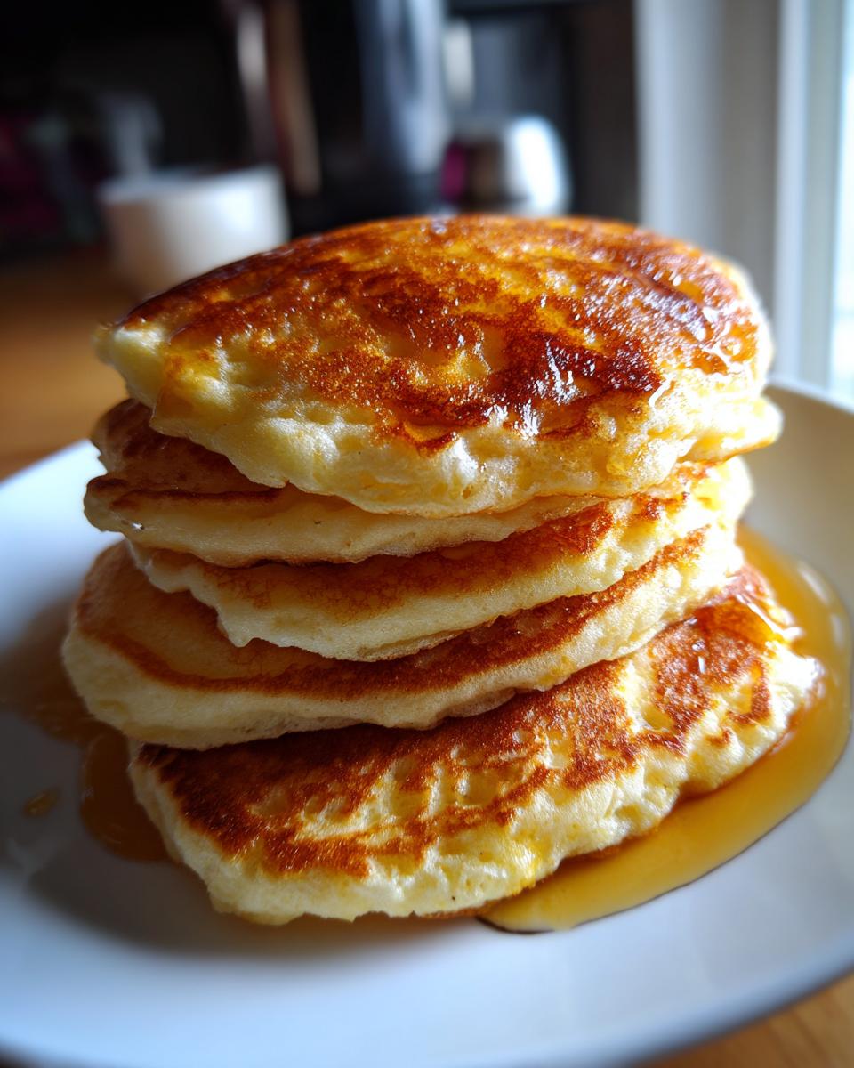 A tall stack of four golden-brown, fluffy pancakes covered in syrup.