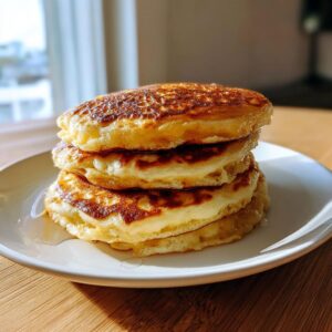 A tall stack of three golden brown, fluffy sourdough pancakes drizzled with syrup on a white plate.
