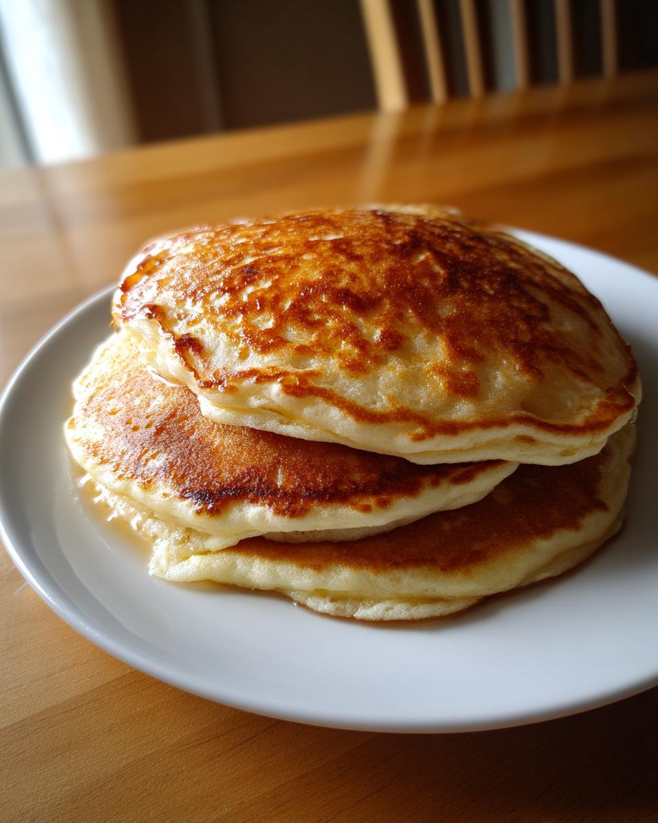 A stack of three perfectly golden brown sourdough pancakes served on a white plate.