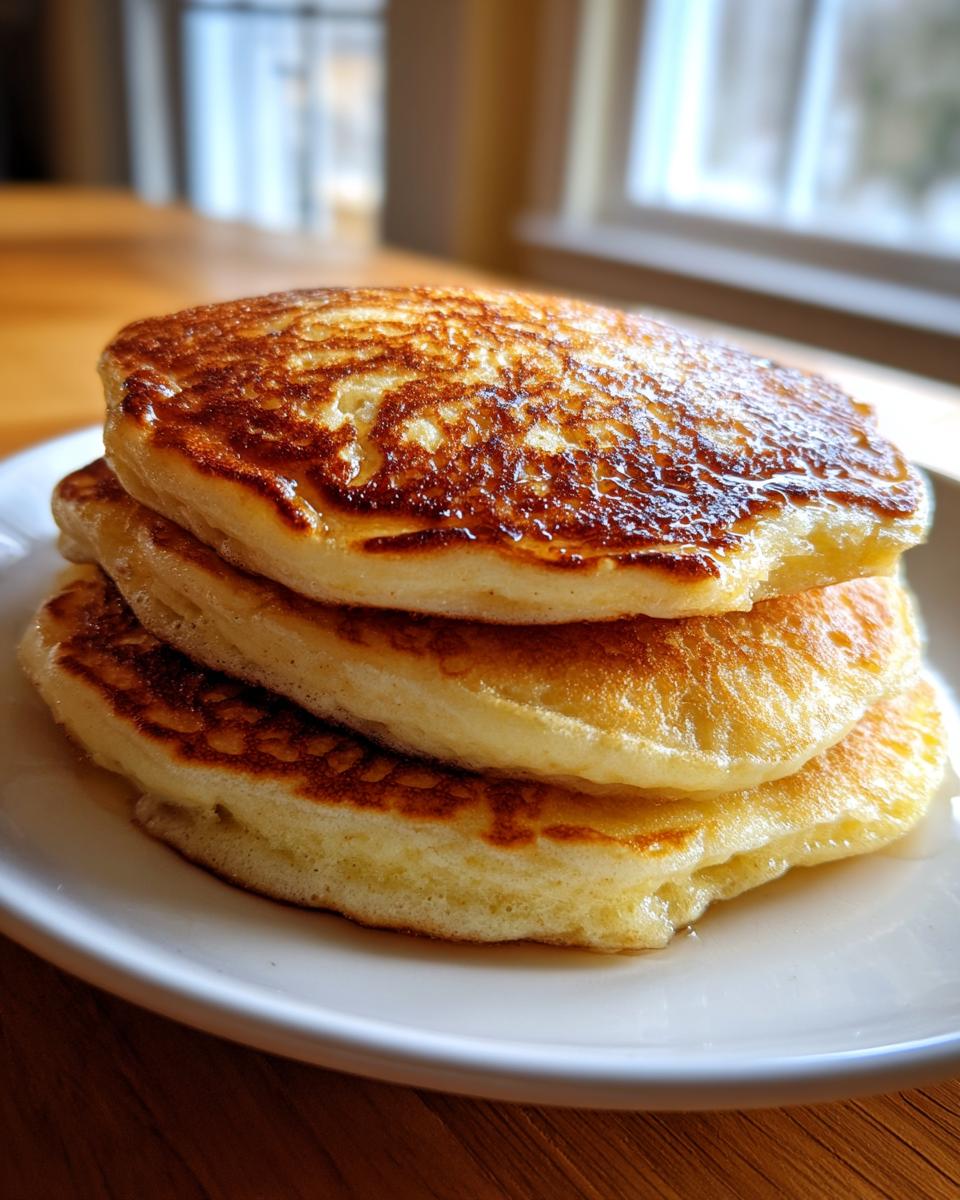 A close-up stack of three thick, fluffy sourdough pancakes glistening with syrup on a white plate.