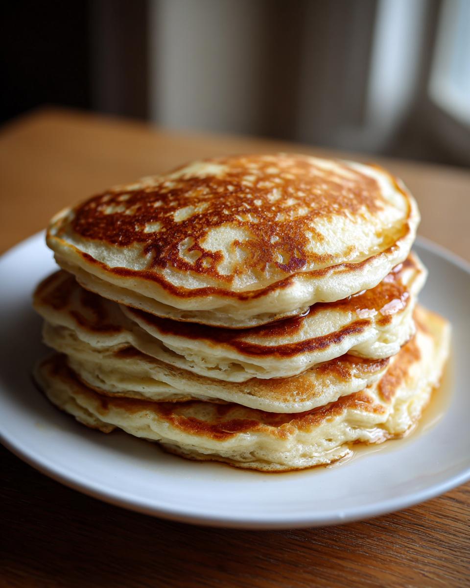 A tall stack of four fluffy sourdough pancakes drizzled with syrup on a white plate.