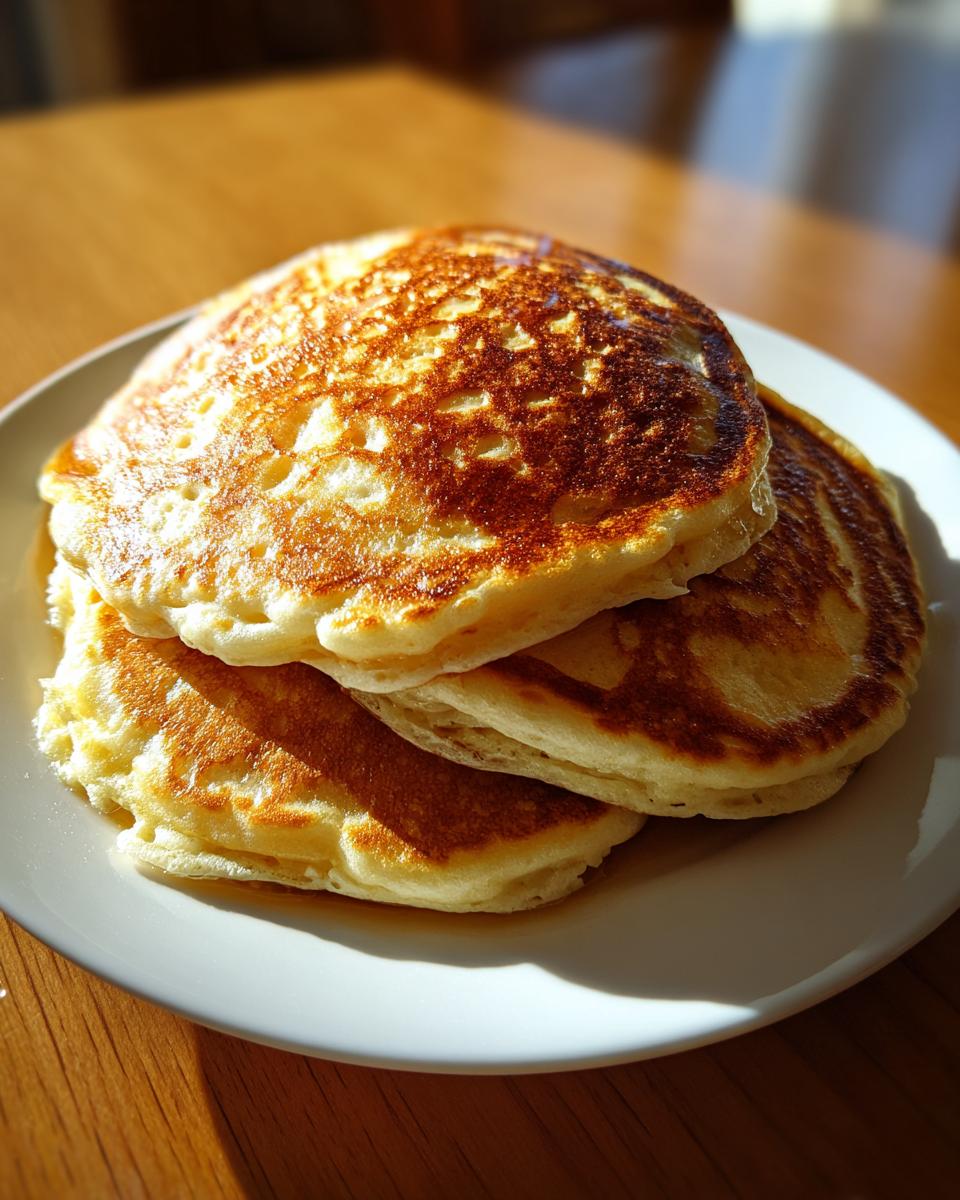 A stack of three golden-brown, fluffy sourdough pancakes served on a white plate.