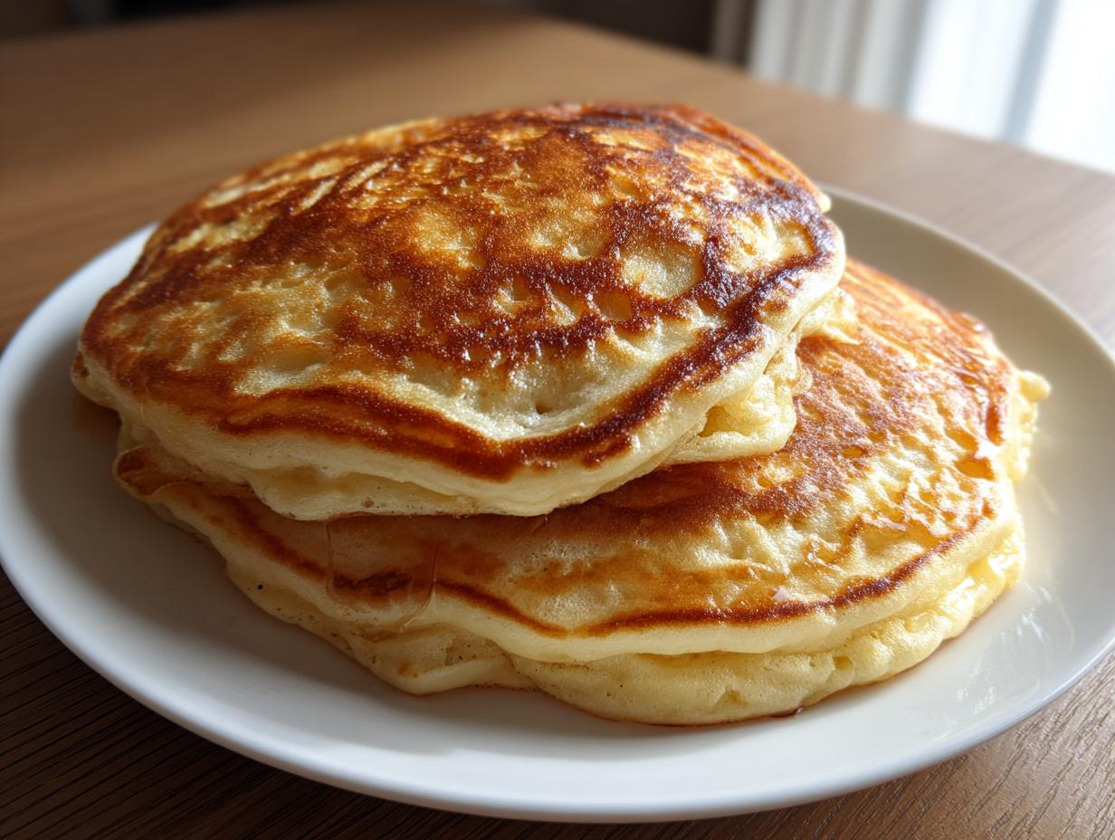 A close-up of two thick, fluffy sourdough pancakes stacked on a white plate with golden-brown edges.