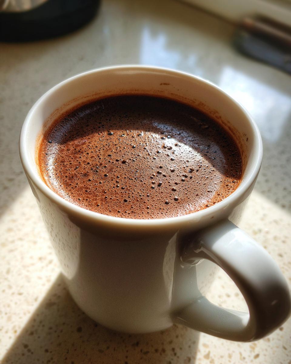 Close-up of rich, dark hot chocolate with a layer of fine foam in a white mug.