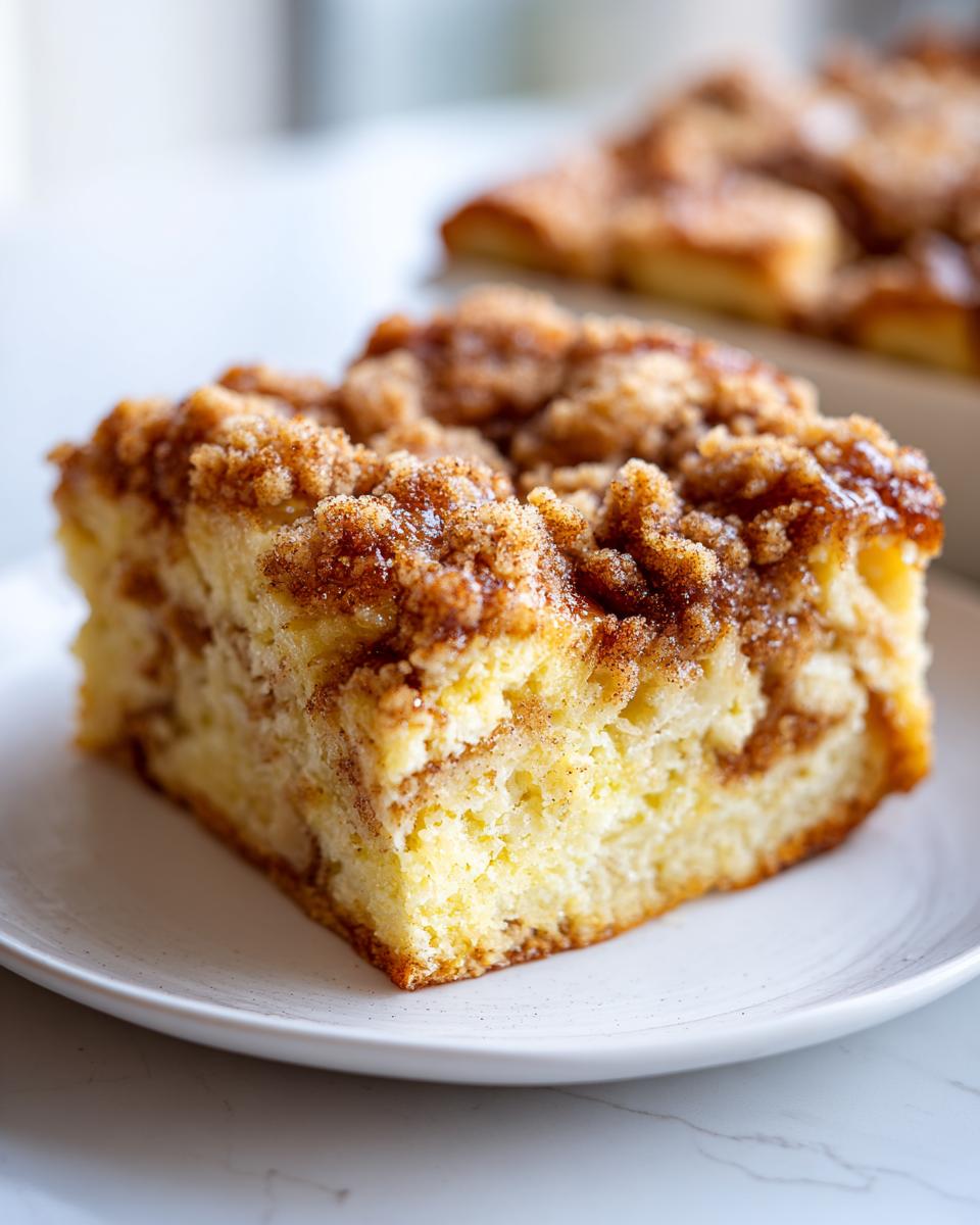 Close-up of a square slice of french toast casserole topped with thick cinnamon streusel crumbs.