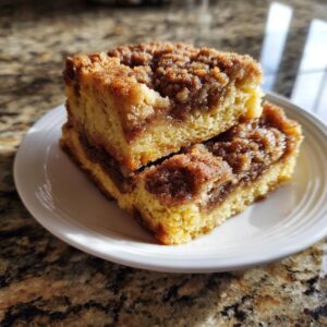 Two stacked squares of golden french toast casserole with a thick cinnamon swirl topping.