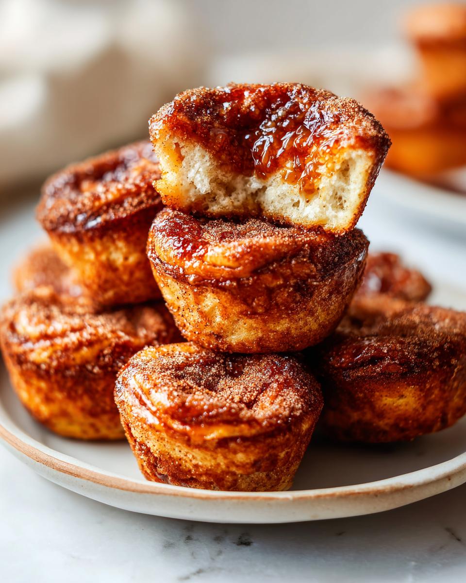 Close-up of a stack of golden brown french toast muffins coated in cinnamon sugar, one on top is broken open showing a gooey center.