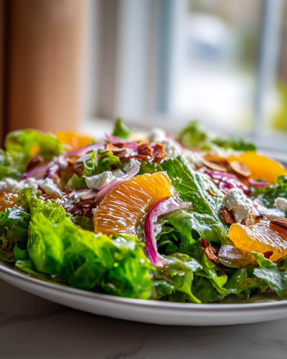 A close-up of a fresh mandarin orange salad featuring bright green lettuce, orange segments, red onion, and feta cheese.