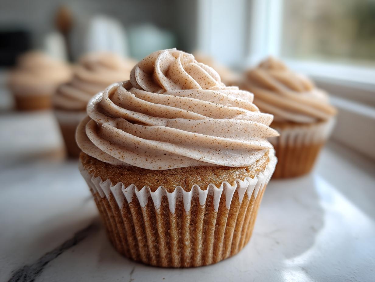 A close-up of one perfectly frosted banana cupcake with cinnamon-flecked frosting, sitting on a marble surface.