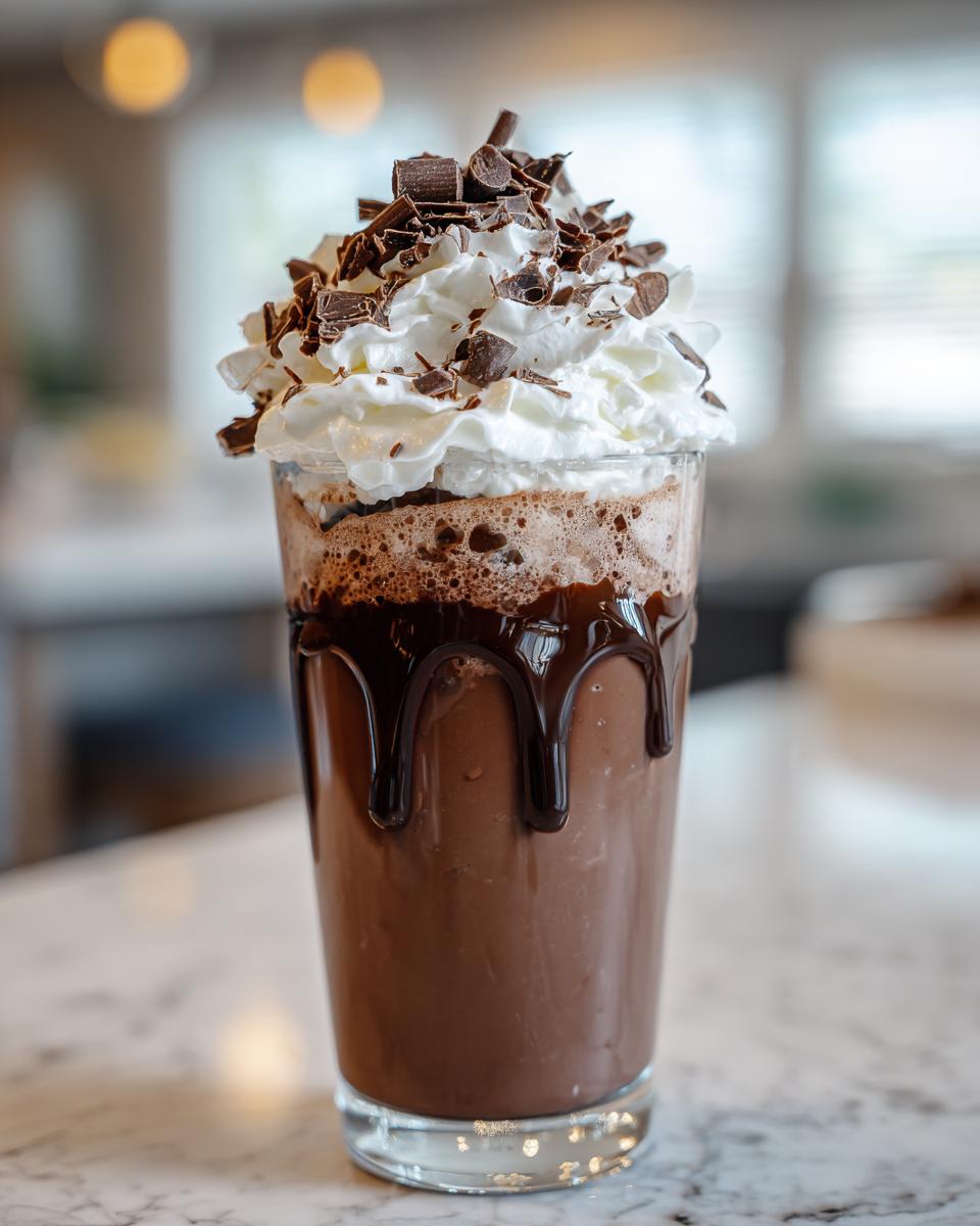 A tall glass of rich frozen hot chocolate with chocolate syrup drips, topped high with whipped cream and chocolate shavings.