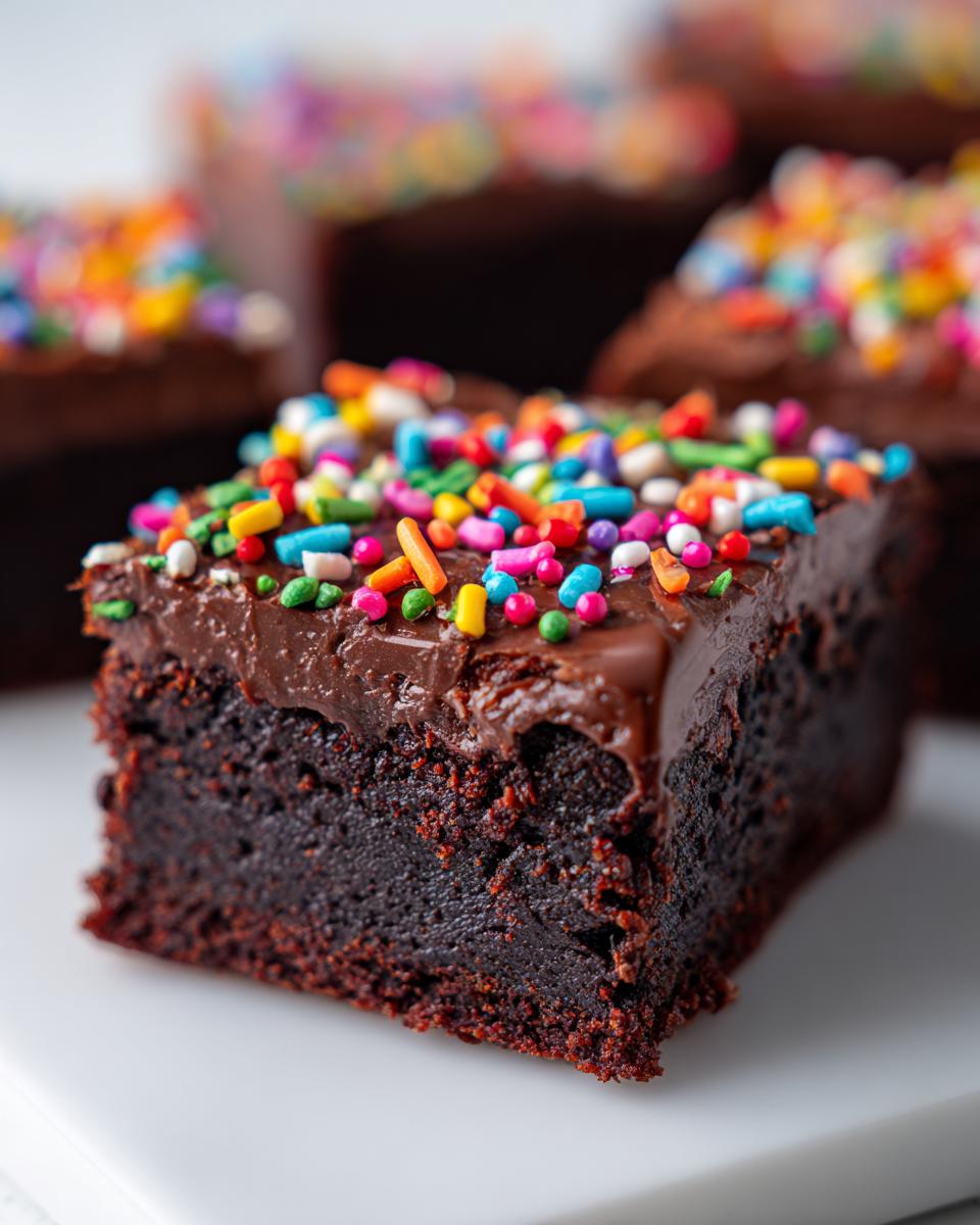 Close-up of a fudgy cosmic brownie square topped with rich chocolate frosting and colorful rainbow sprinkles.