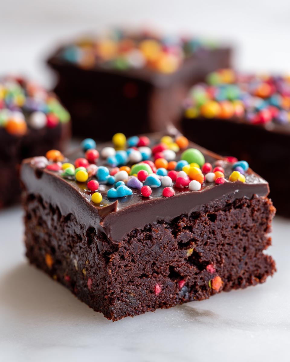 Close-up of a fudgy cosmic brownie square topped with chocolate ganache and bright, colorful sprinkles.