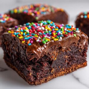 A close-up of a fudgy cosmic brownie square topped with chocolate frosting and colorful rainbow sprinkles.