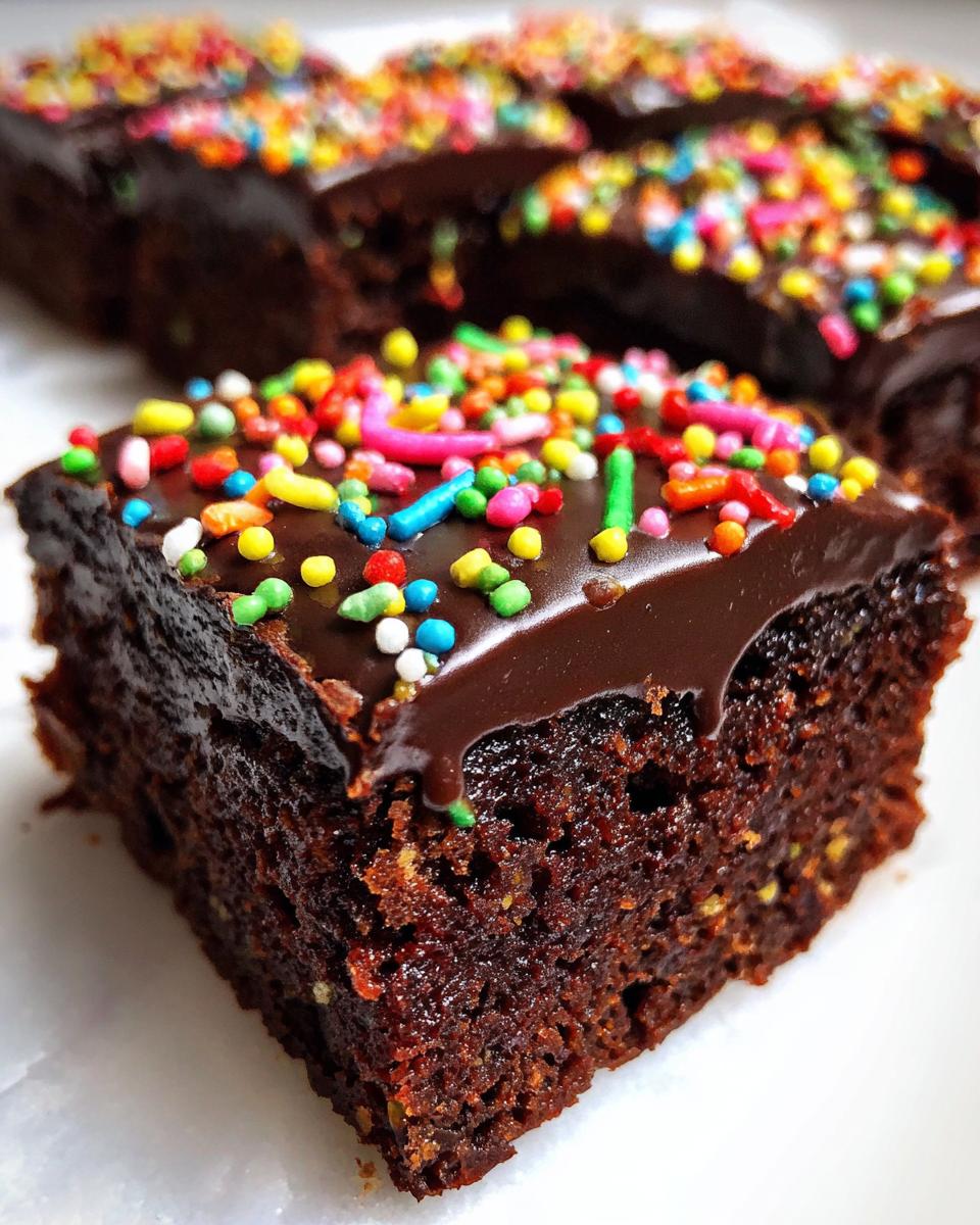 Close-up of a fudgy square of cosmic brownies topped with rich chocolate ganache and colorful rainbow sprinkles.