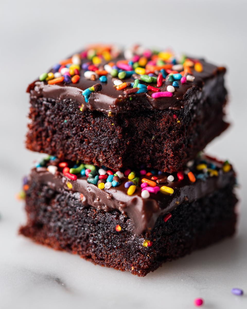 Two stacked, fudgy cosmic brownies topped with thick chocolate frosting and colorful rainbow sprinkles.