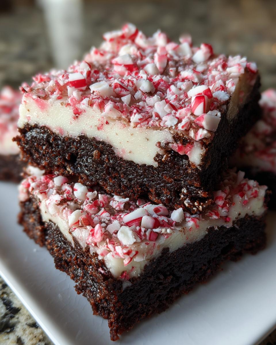 Close-up of two stacked, fudgy peppermint brownies topped with white frosting and crushed candy canes.