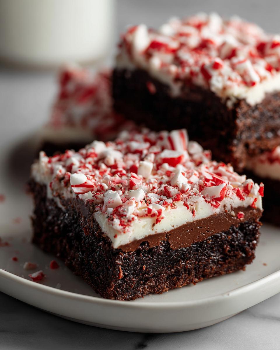 Close-up of a fudgy peppermint brownies square topped with white frosting and crushed candy canes.
