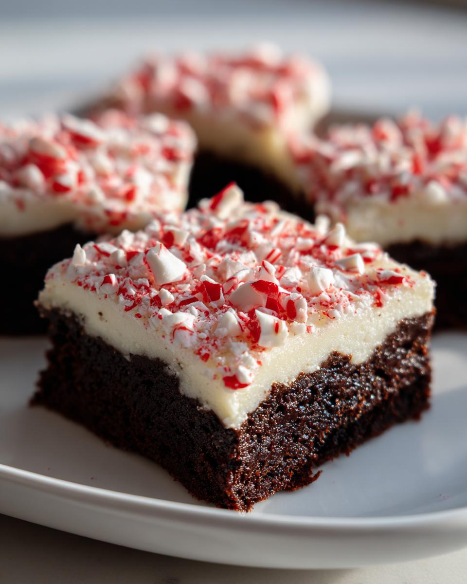 Close-up of a fudgy peppermint brownie square topped with white frosting and crushed candy canes.