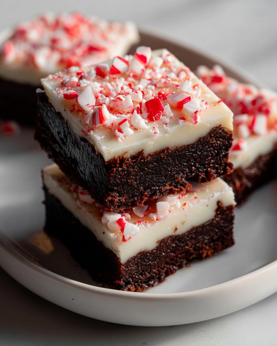 Two fudgy peppermint brownies stacked, topped with white frosting and crushed candy canes.