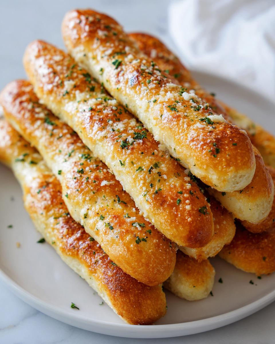 A stack of freshly baked, golden brown breadsticks generously topped with grated Parmesan cheese and chopped parsley.