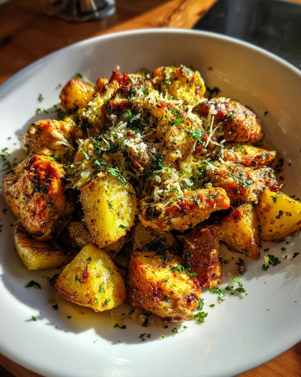 Close-up of roasted garlic parmesan chicken and potatoes topped with grated cheese and fresh parsley.