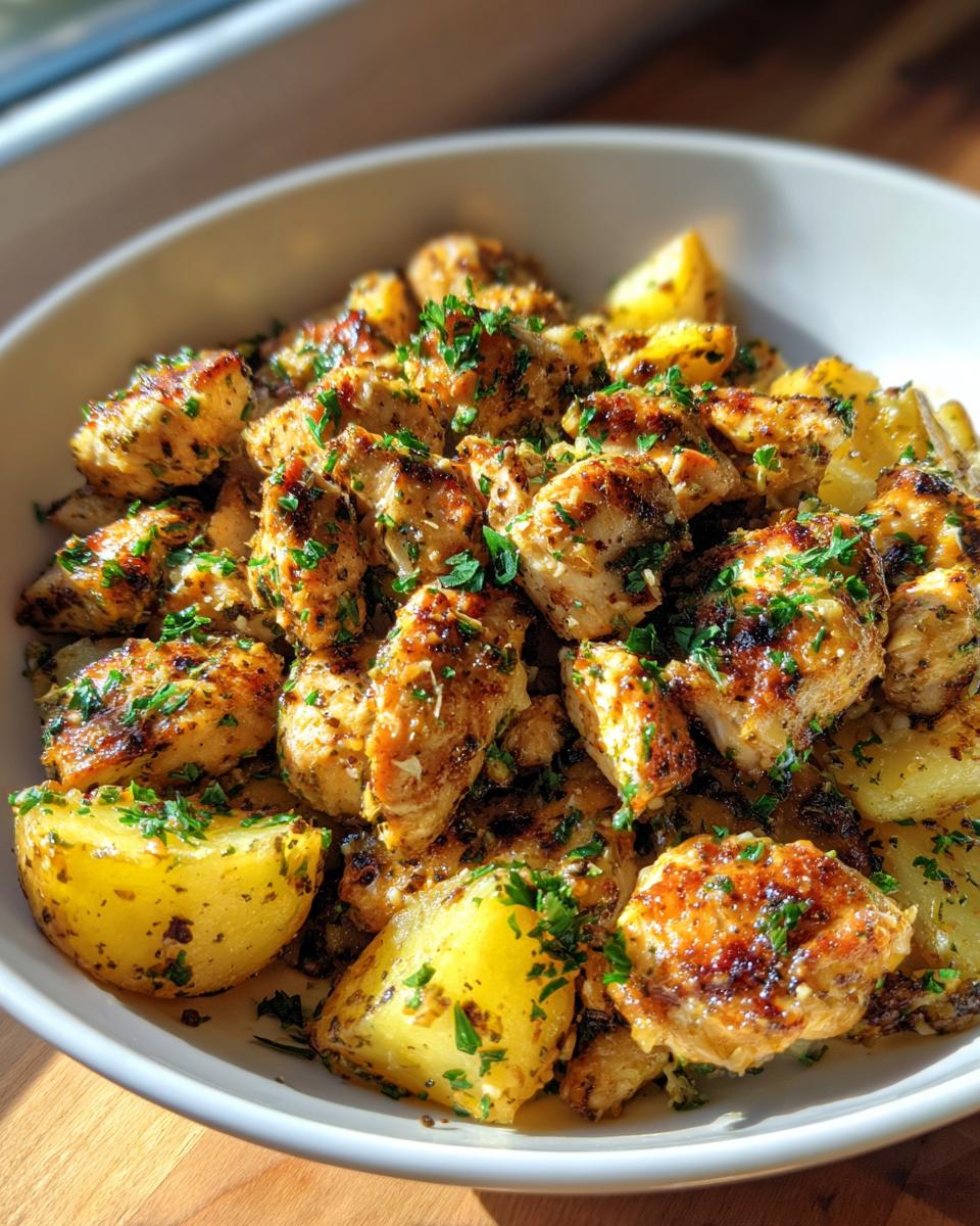 Close-up of golden brown garlic parmesan chicken and potatoes seasoned with herbs in a white bowl.