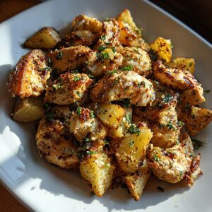 A close-up of seasoned garlic parmesan chicken and potatoes mixed together on a white plate.
