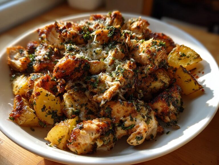 Close-up of seasoned garlic parmesan chicken and potatoes topped with melted cheese and fresh parsley.