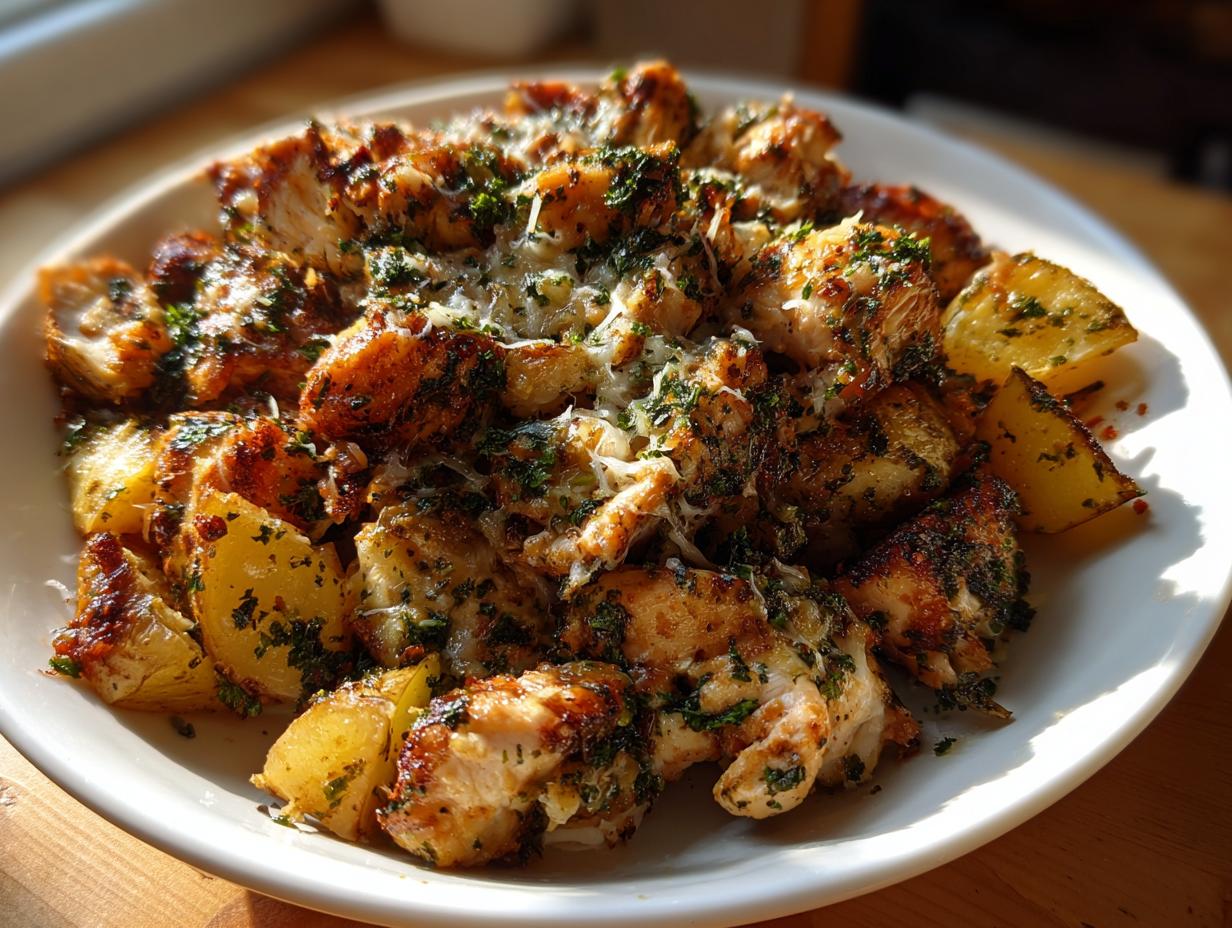 Close-up of seasoned garlic parmesan chicken and potatoes topped with melted cheese and fresh parsley.