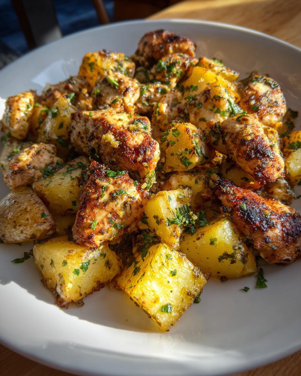 Close-up of golden roasted potatoes and browned chicken pieces coated in garlic parmesan sauce and parsley.