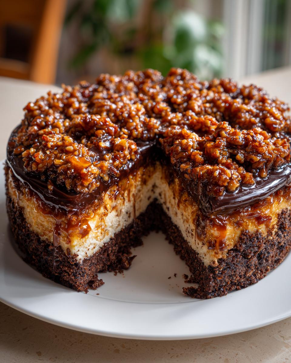 A rich german chocolate cheesecake with a thick pecan topping and chocolate drizzle, showing a slice removed.