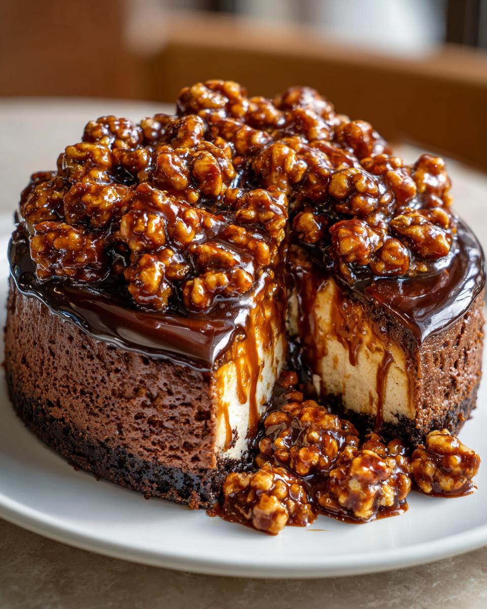A rich german chocolate cheesecake with a slice removed, topped with glossy caramel and candied pecans.
