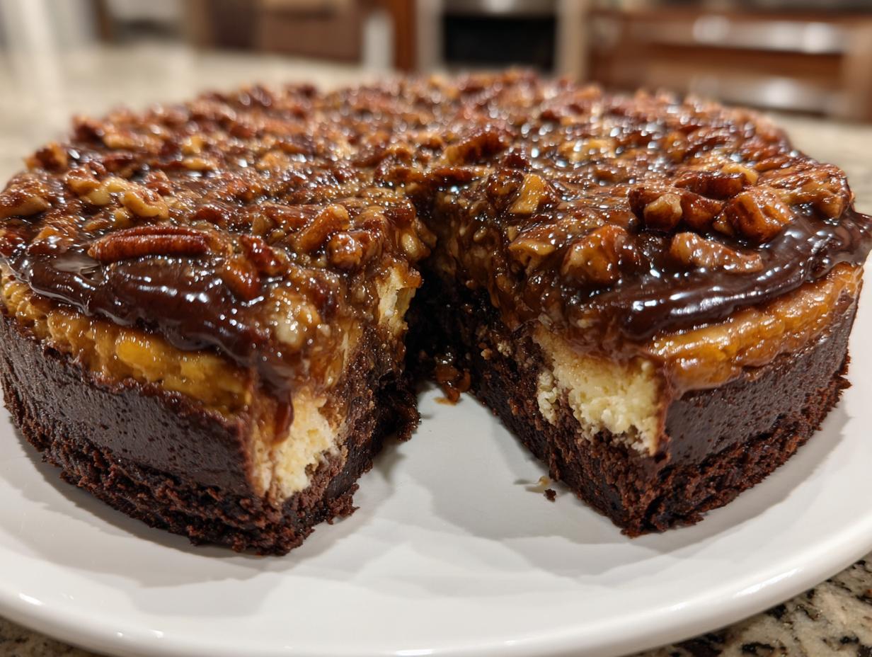 A slice removed from a rich german chocolate cheesecake showing layers of brownie, cream cheese filling, and pecan topping.