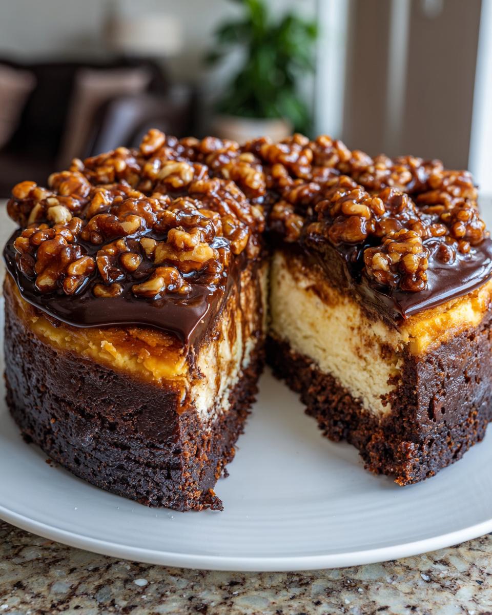 A slice removed from a rich German chocolate cheesecake topped with glossy chocolate ganache and pecans/walnuts.