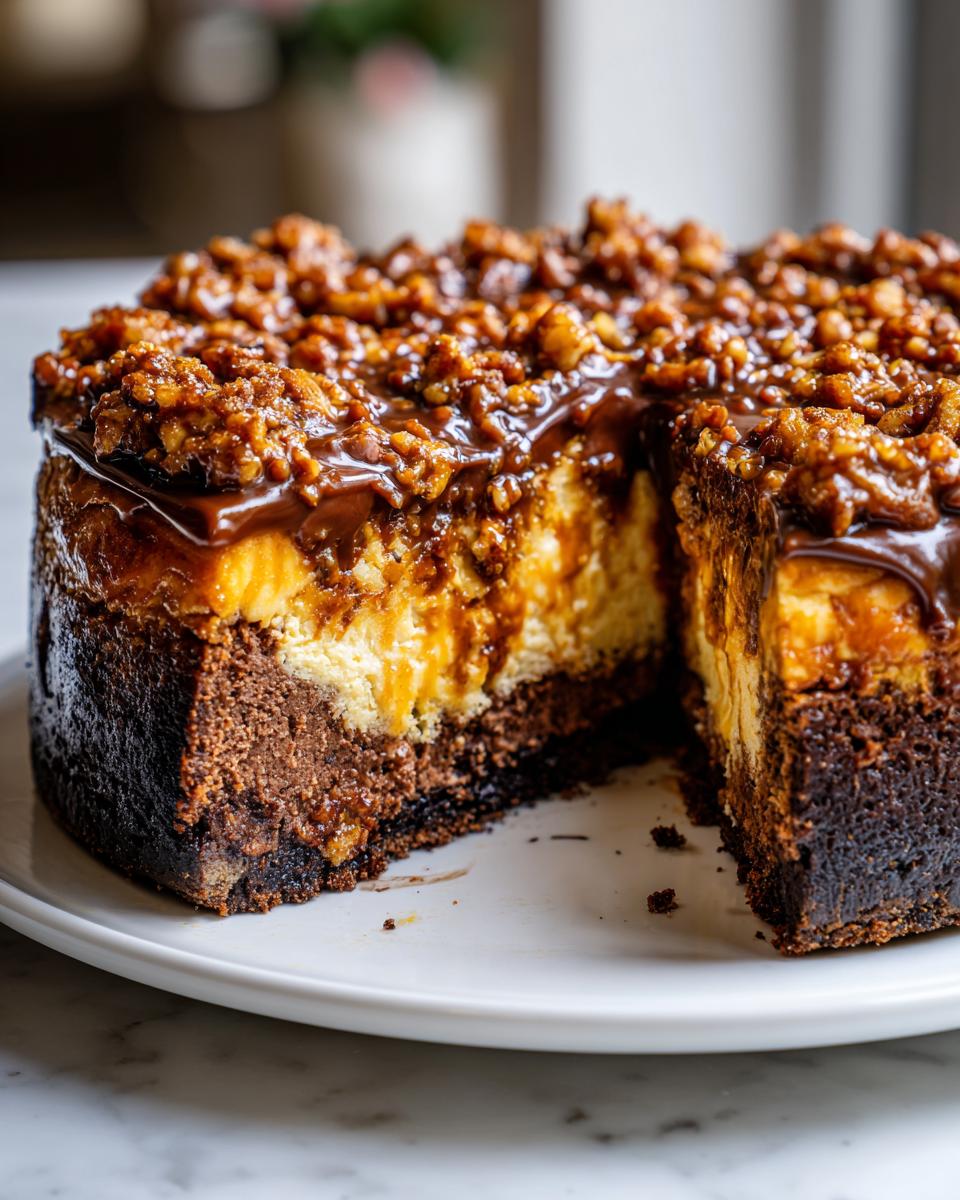 A decadent slice cut from a german chocolate cheesecake showing layers of dark chocolate crust, cheesecake filling, and pecan topping.