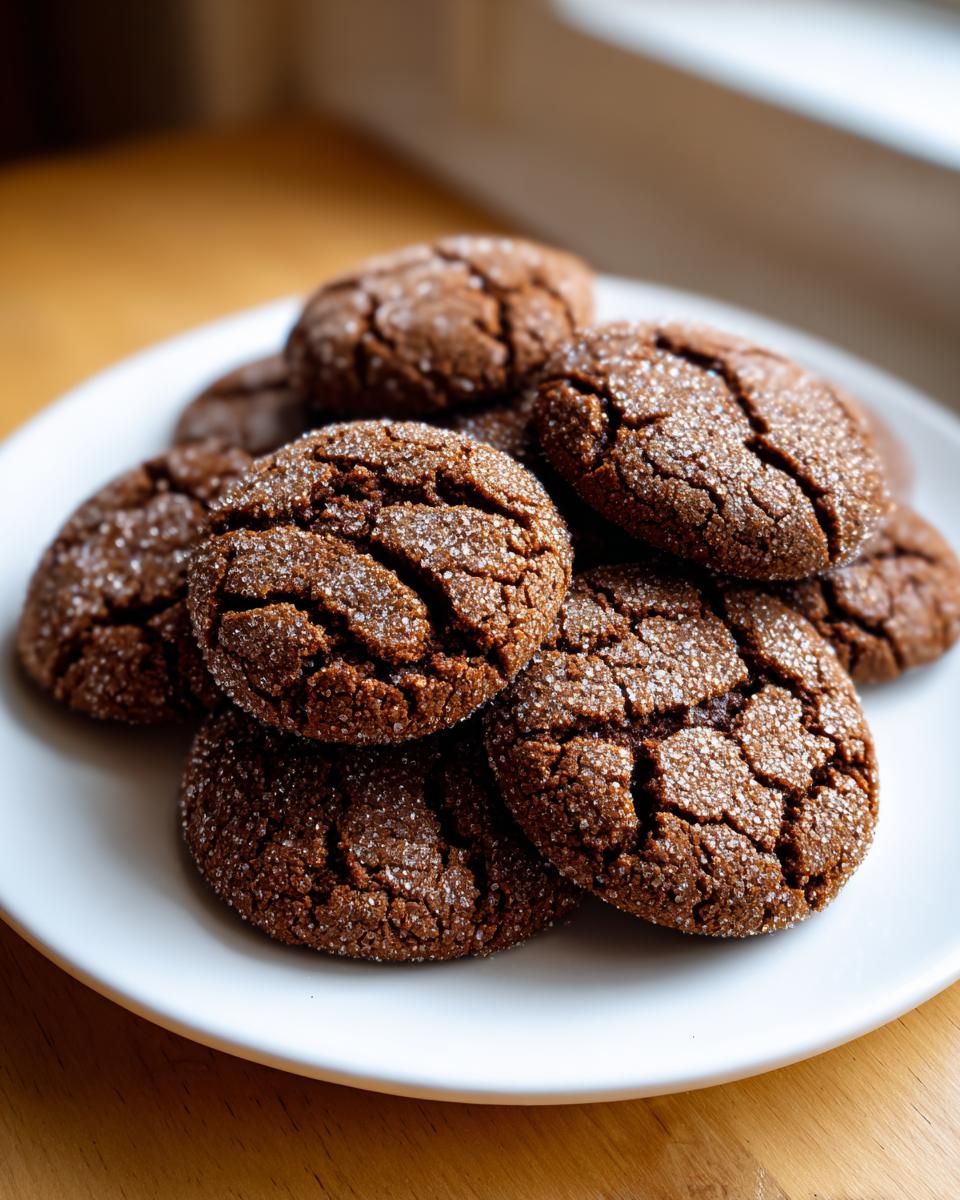 A stack of rich, dark ginger molasses cookies covered in cracked sugar topping on a white plate.