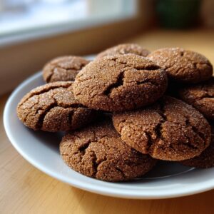 A close-up of several chewy, crinkled ginger molasses cookies coated in sugar, piled on a white plate.