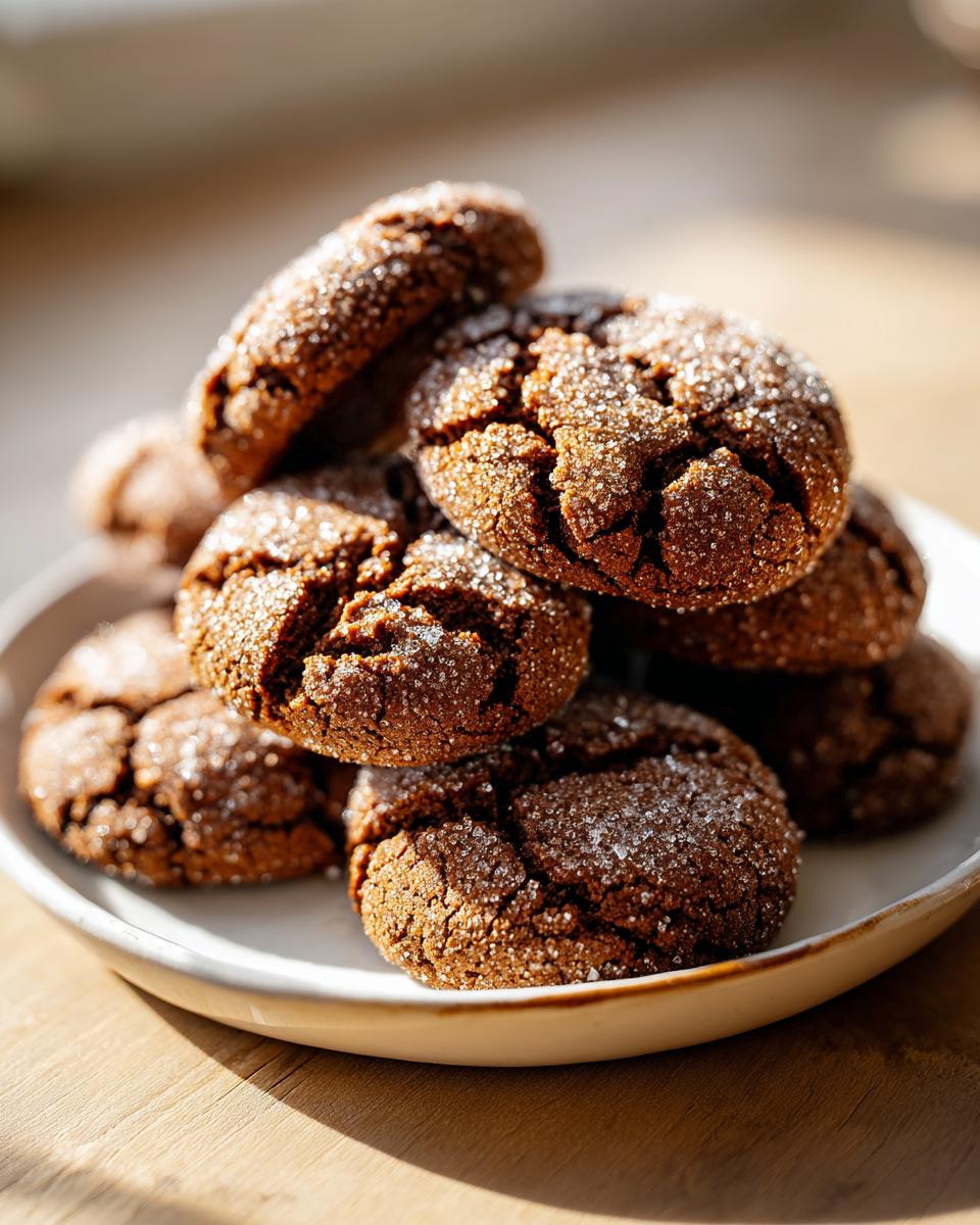 A close-up stack of freshly baked, dark brown ginger molasses cookies coated in sparkling sugar crystals.