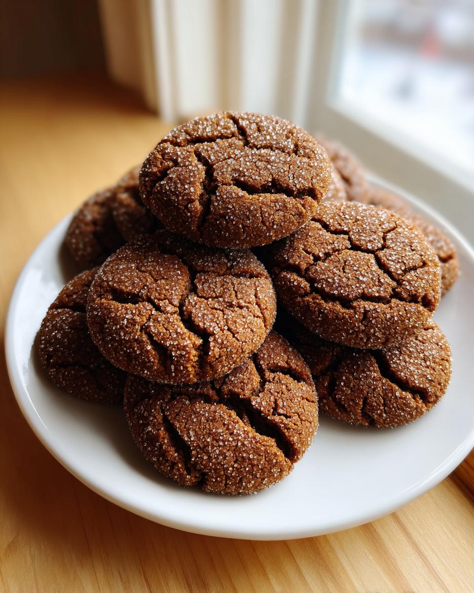 A stack of freshly baked, dark brown ginger molasses cookies covered in cracked sugar crystals on a white plate.
