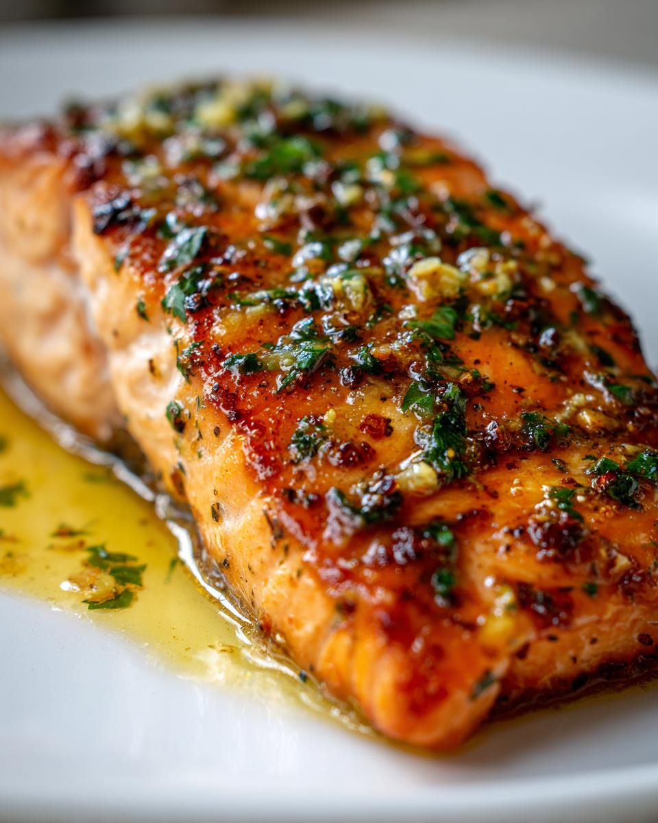 Close-up of a moist, glazed baked salmon recipe filet topped with garlic and fresh parsley.
