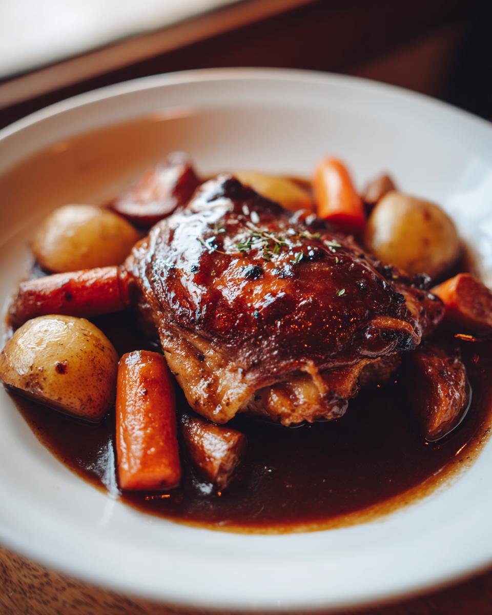 Close-up of a perfectly glazed braised chicken thighs served in rich sauce with carrots and potatoes.