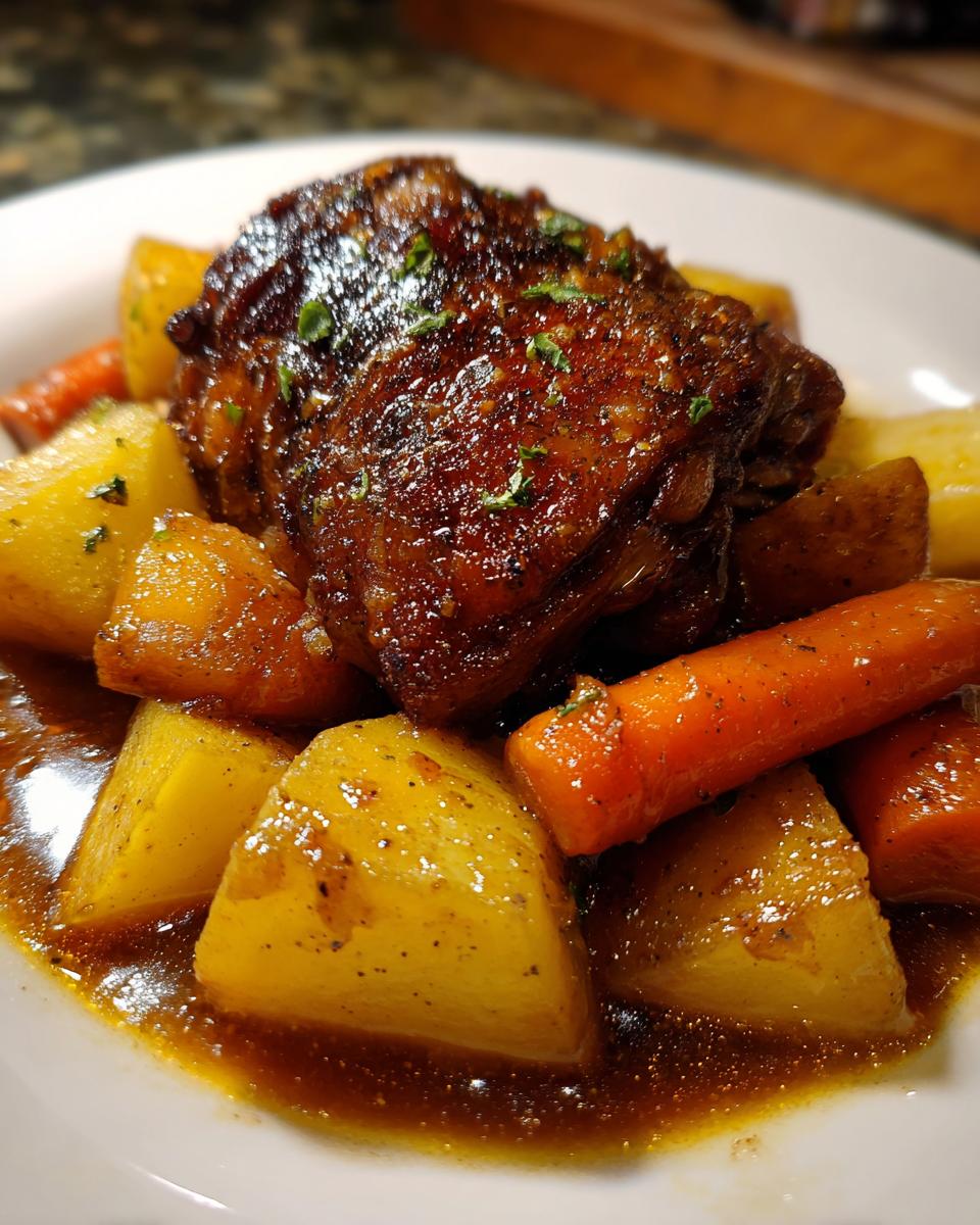 A close-up of a single, deeply glazed braised chicken thighs served over chunks of potatoes and carrots in rich sauce.