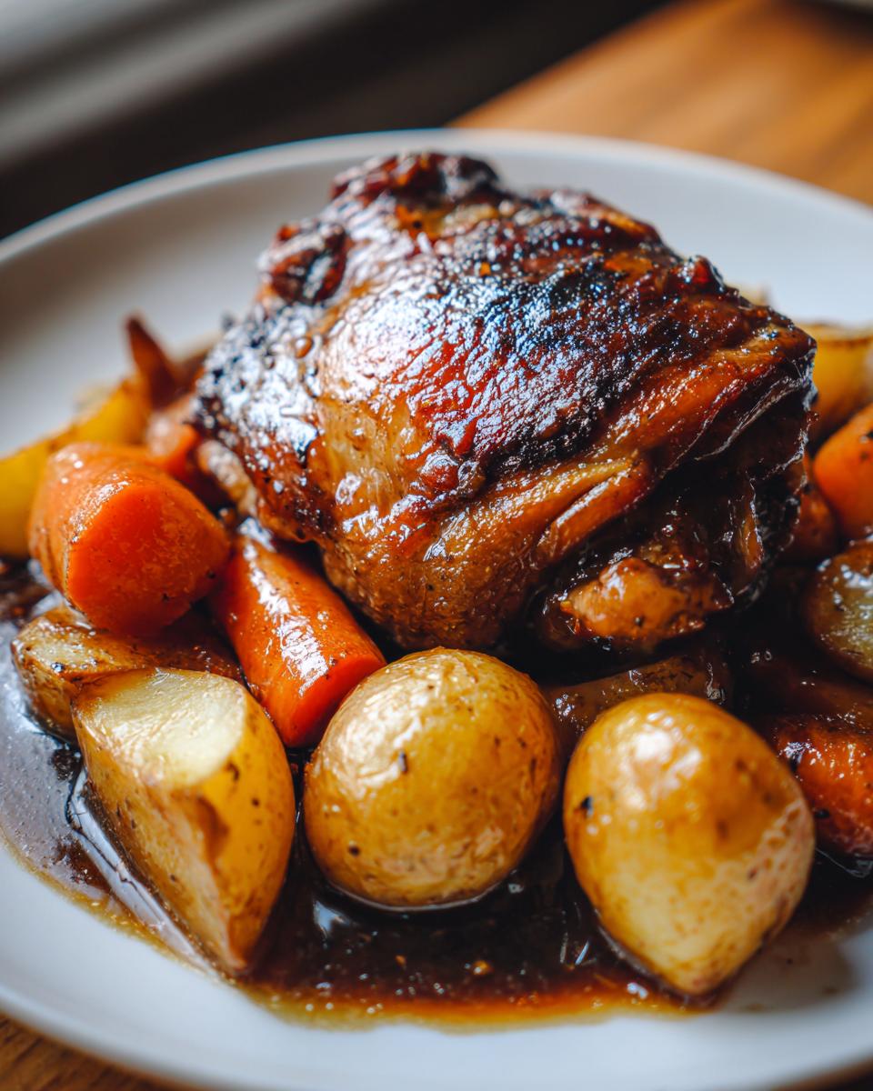 Close-up of a single, perfectly glazed braised chicken thighs resting on a bed of carrots and small potatoes.