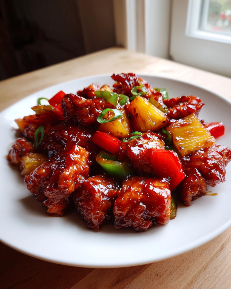 Close-up of saucy, glazed chicken pieces mixed with pineapple and bell peppers, reminiscent of hawaiian chicken sheet pan.